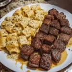 GARLIC BUTTER STEAK BITES & CREAMY ALFREDO RIGATONI