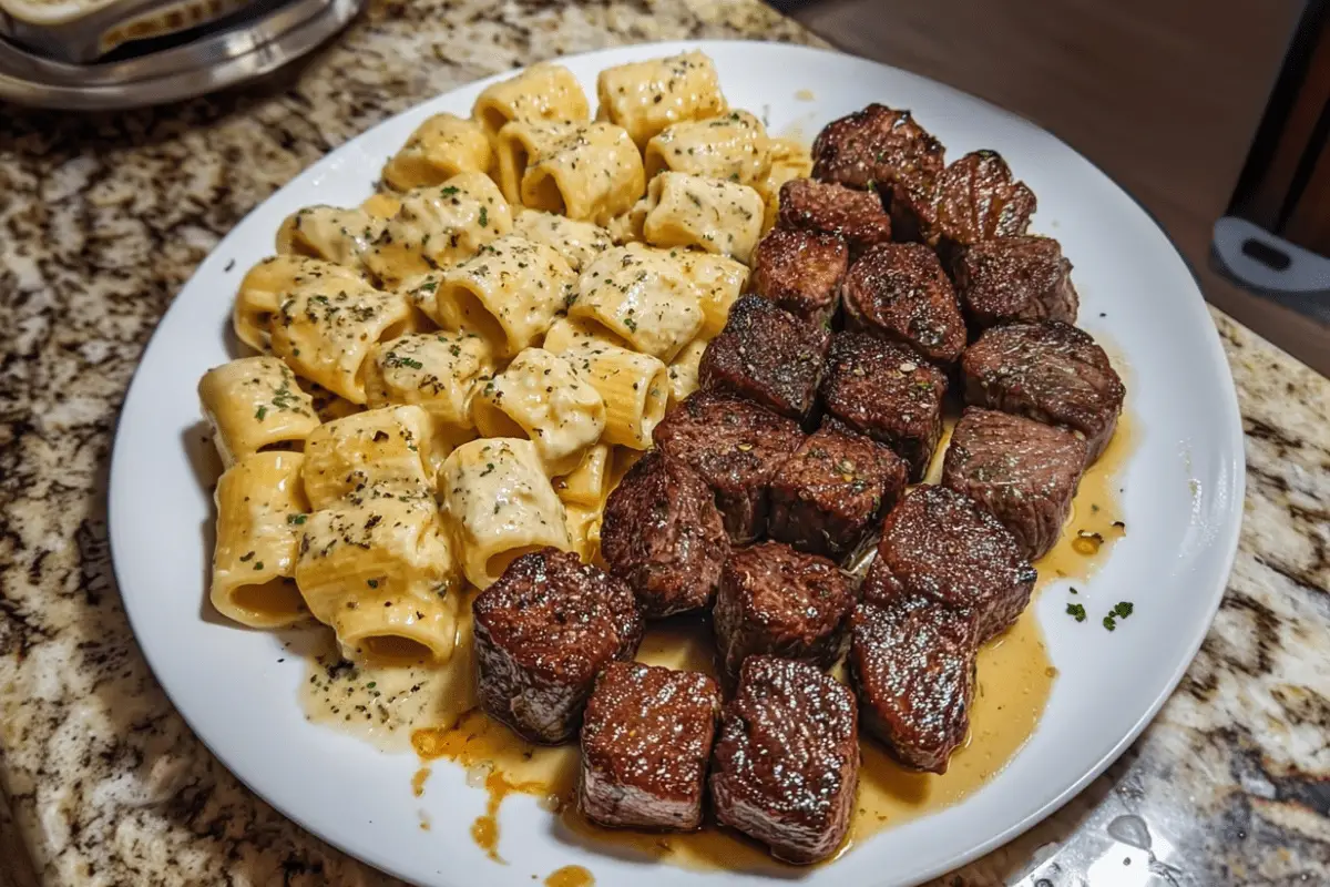 GARLIC BUTTER STEAK BITES & CREAMY ALFREDO RIGATONI
