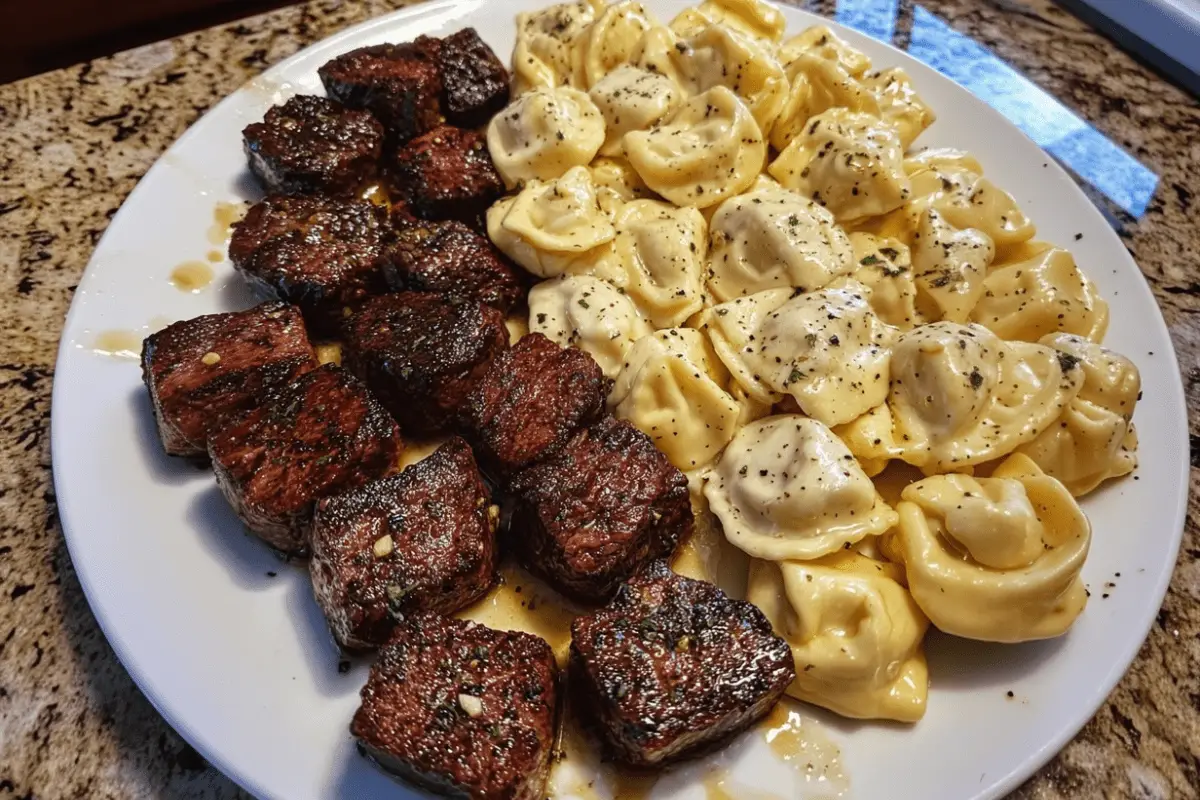 GARLIC BUTTER STEAK BITES & CREAMY ALFREDO TORTELLINI