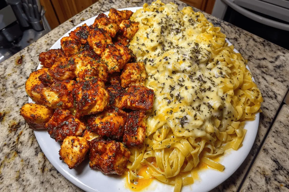 Garlic Butter Chicken with Creamy Linguine Pasta and Mozzarella Cheese