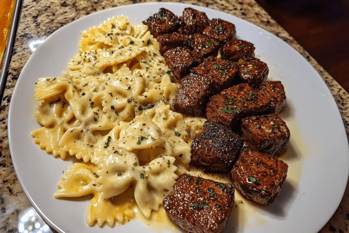 Garlic Butter Steak Bites & Creamy Alfredo Bowtie Pasta