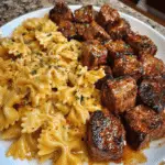 Garlic Butter Steak Bites with Cheesy Bowtie Pasta in Cheddar Sauce