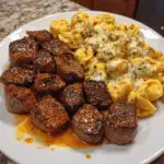 Garlic Butter Steak Bites with Mozzarella Cream Tortellini