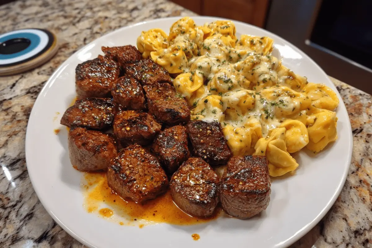 Garlic Butter Steak Bites with Mozzarella Cream Tortellini