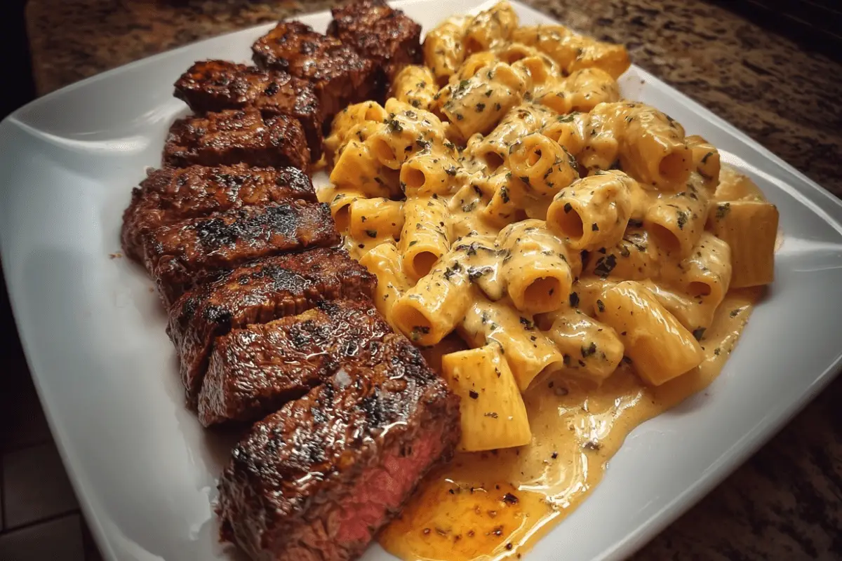 Garlic Butter Steak Tips with Cheesy Rigatoni in Mozzarella Sauce