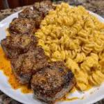 Garlic Butter Steak Tips with Cheesy Rotini in Cheddar Sauce