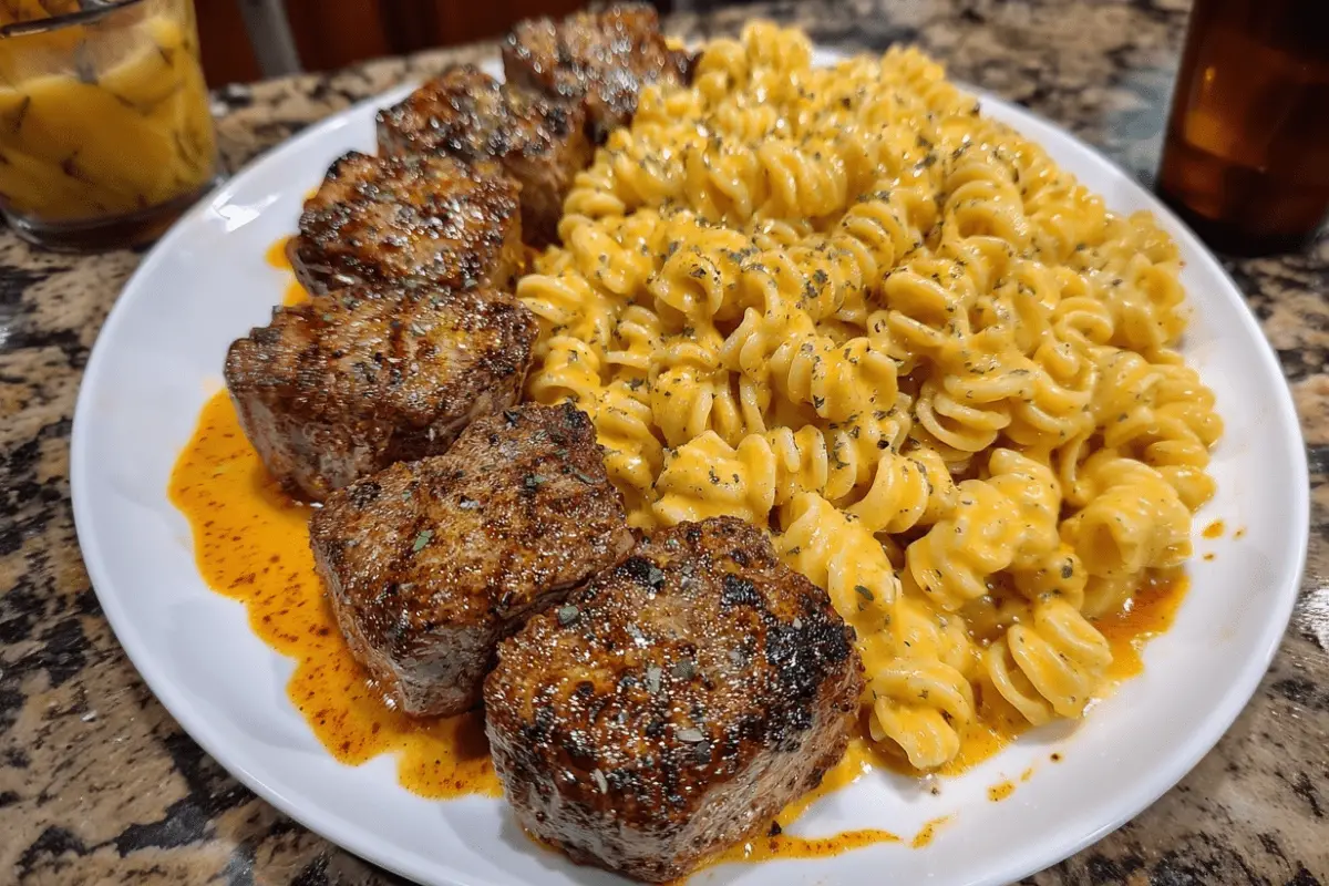 Garlic Butter Steak Tips with Cheesy Rotini in Cheddar Sauce
