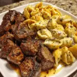 Garlic Butter Steak Tips with Cheesy Shells in Cheddar Sauce