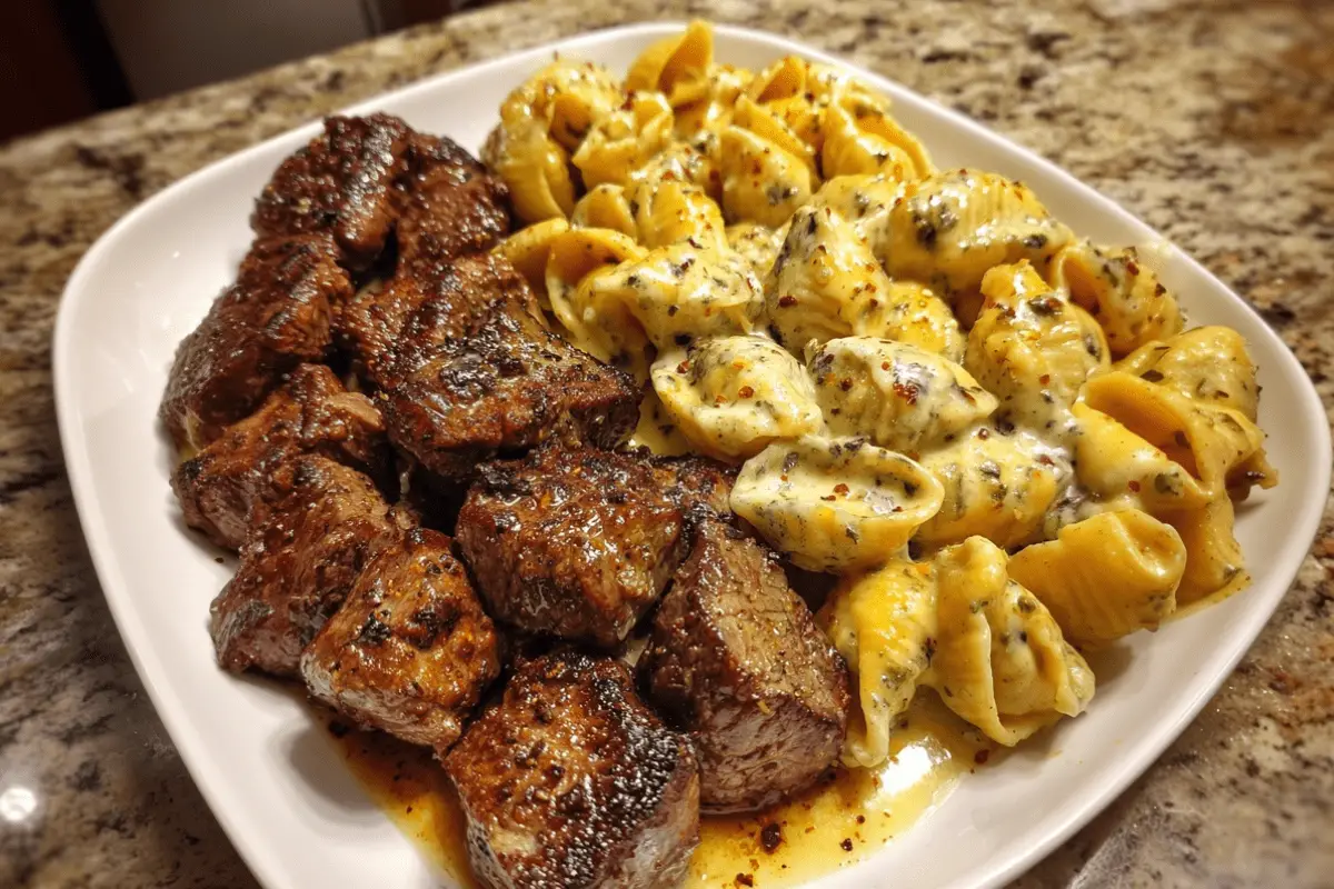 Garlic Butter Steak Tips with Cheesy Shells in Cheddar Sauce