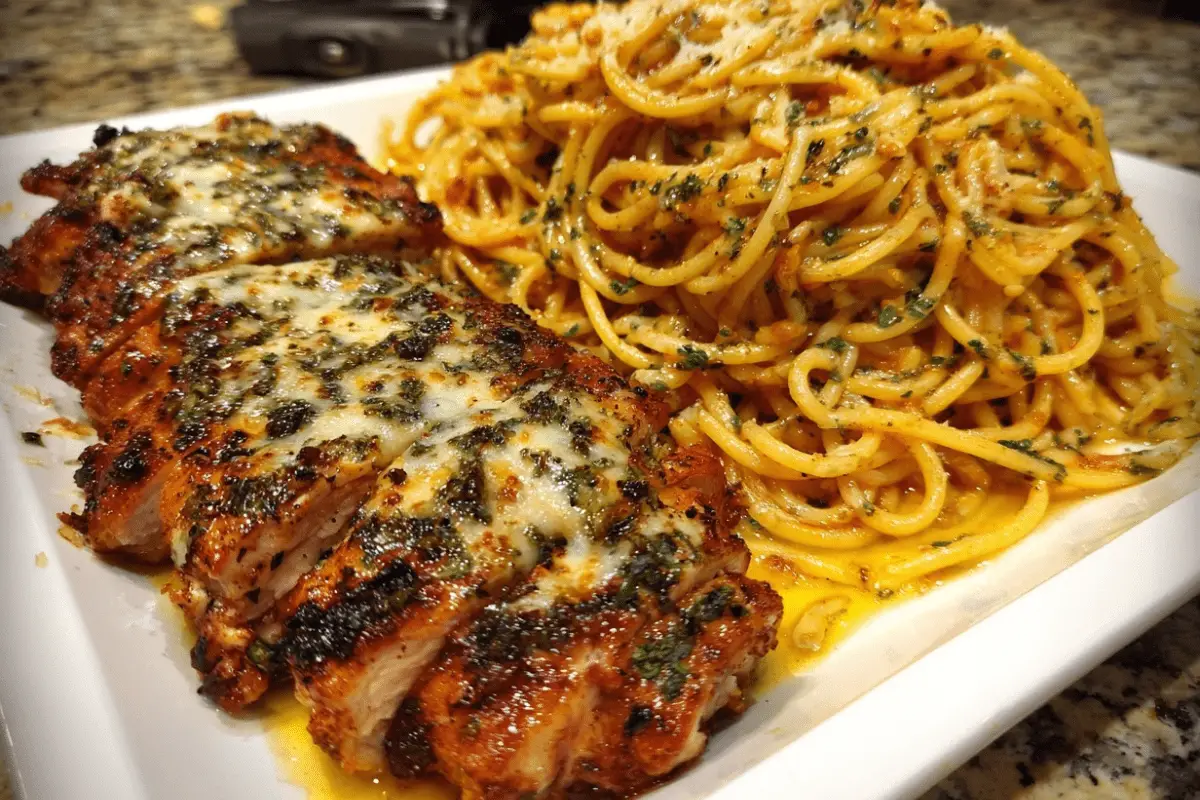 Garlic Herb Mozzarella Chicken with Creamy Spaghetti Cheddar Cream