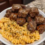 Honey Garlic Velveeta Steak Bites with Cheesy Twisted Pasta