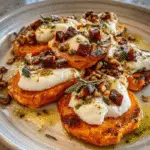 Sweet Potato Rounds with Burrata, Roasted Beets, and Walnut Sage Pesto