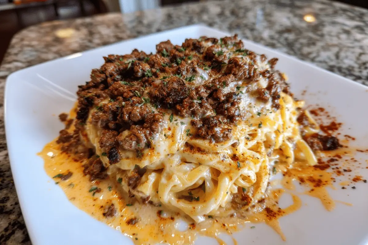 Cheesy Cajun Ground Beef Linguine in Garlic Cream Sauce