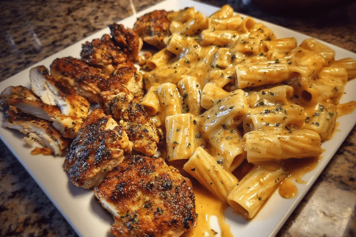 Garlic Parmesan Chicken Rigatoni with Creamy Alfredo Mozzarella