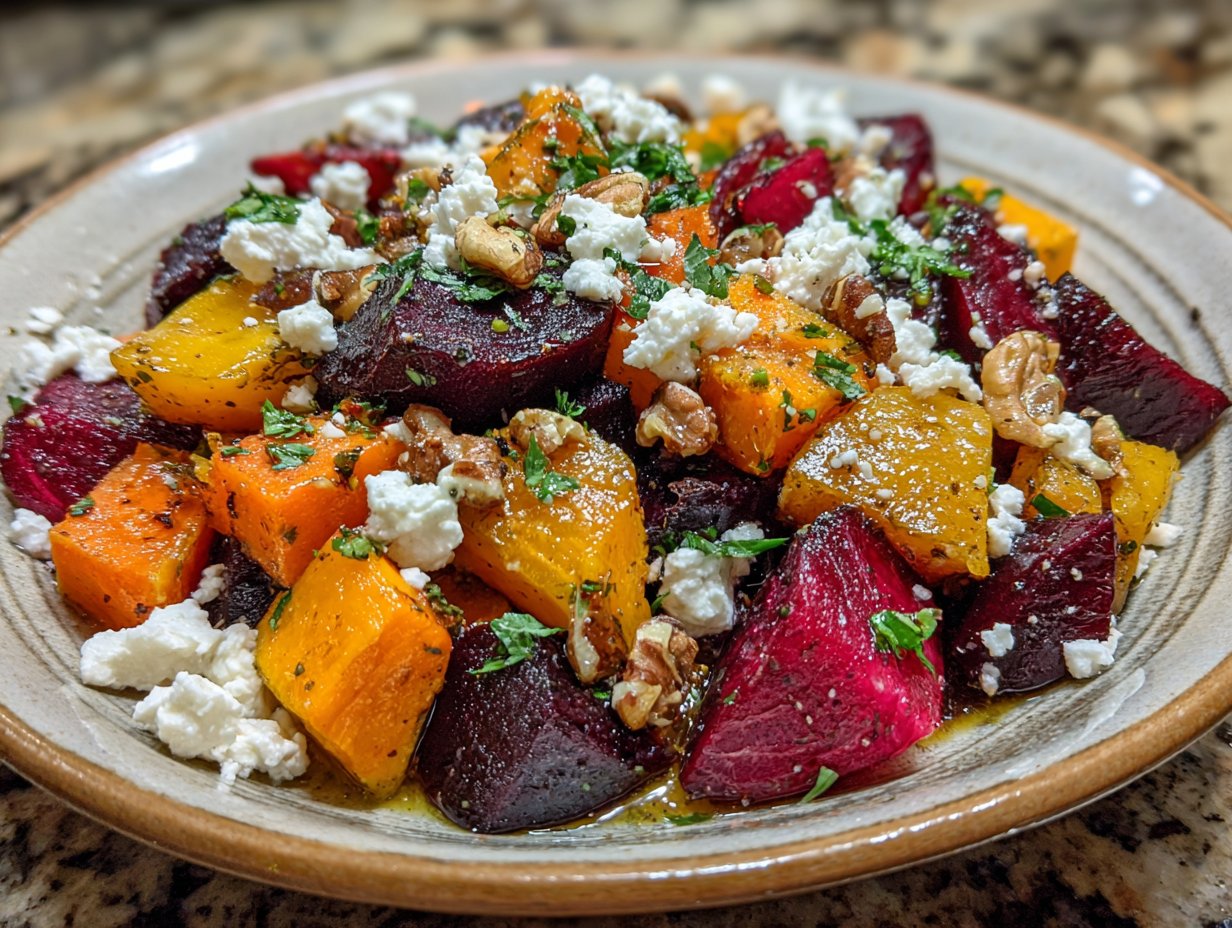 Roasted Beet and Sweet Potato Salad with Feta and Yogurt Dressing