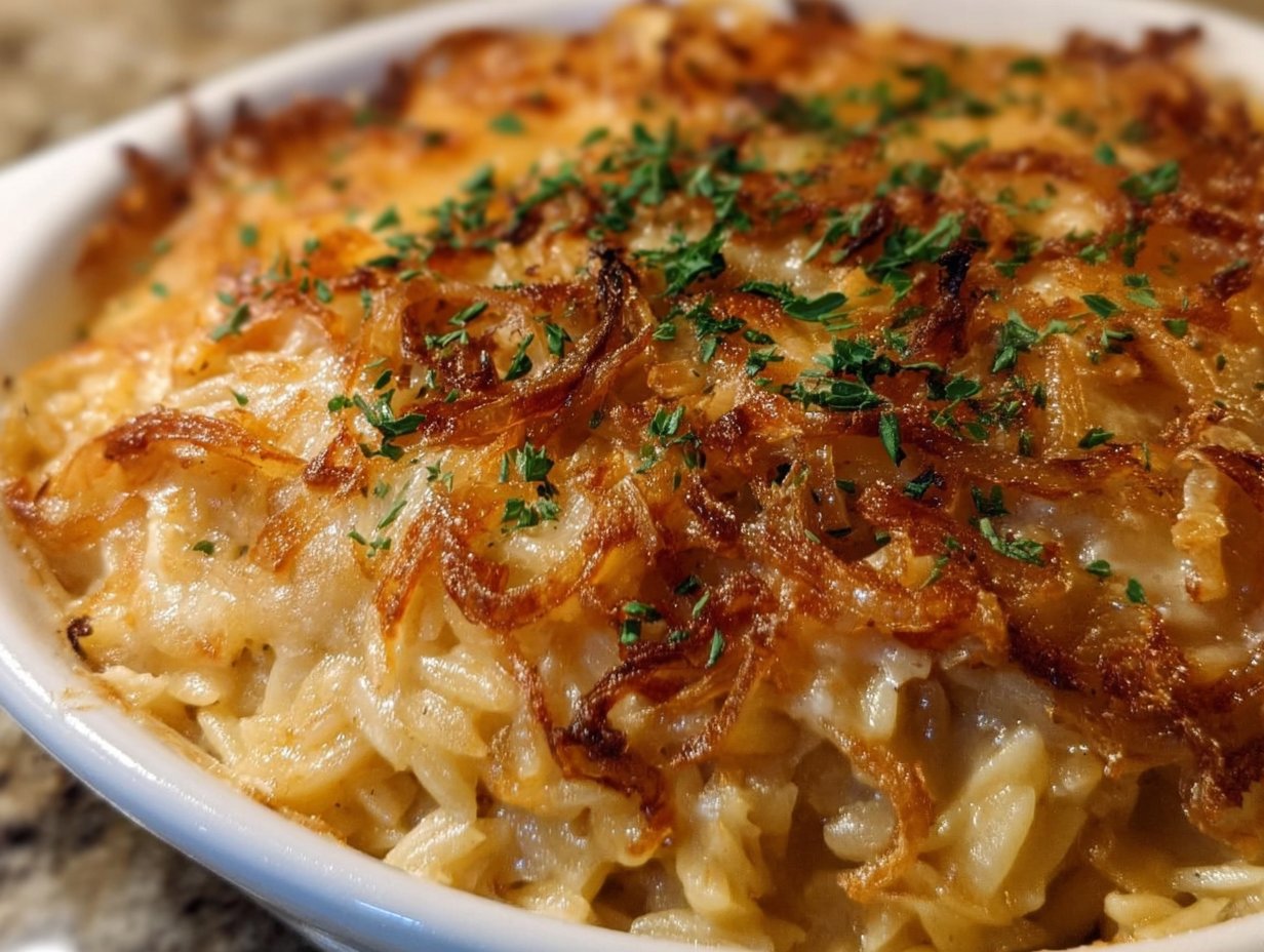 French Onion Chicken Orzo Casserole