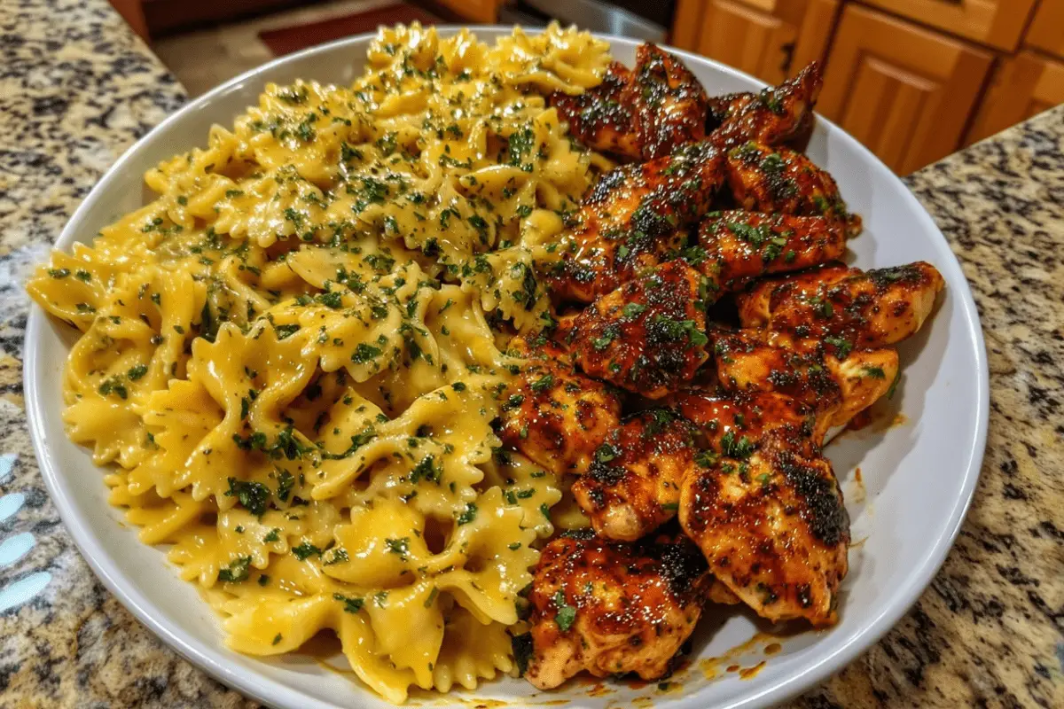 Cajun Garlic Chicken Bowties in Spicy Provolone Mozzarella Sauce pasta dish