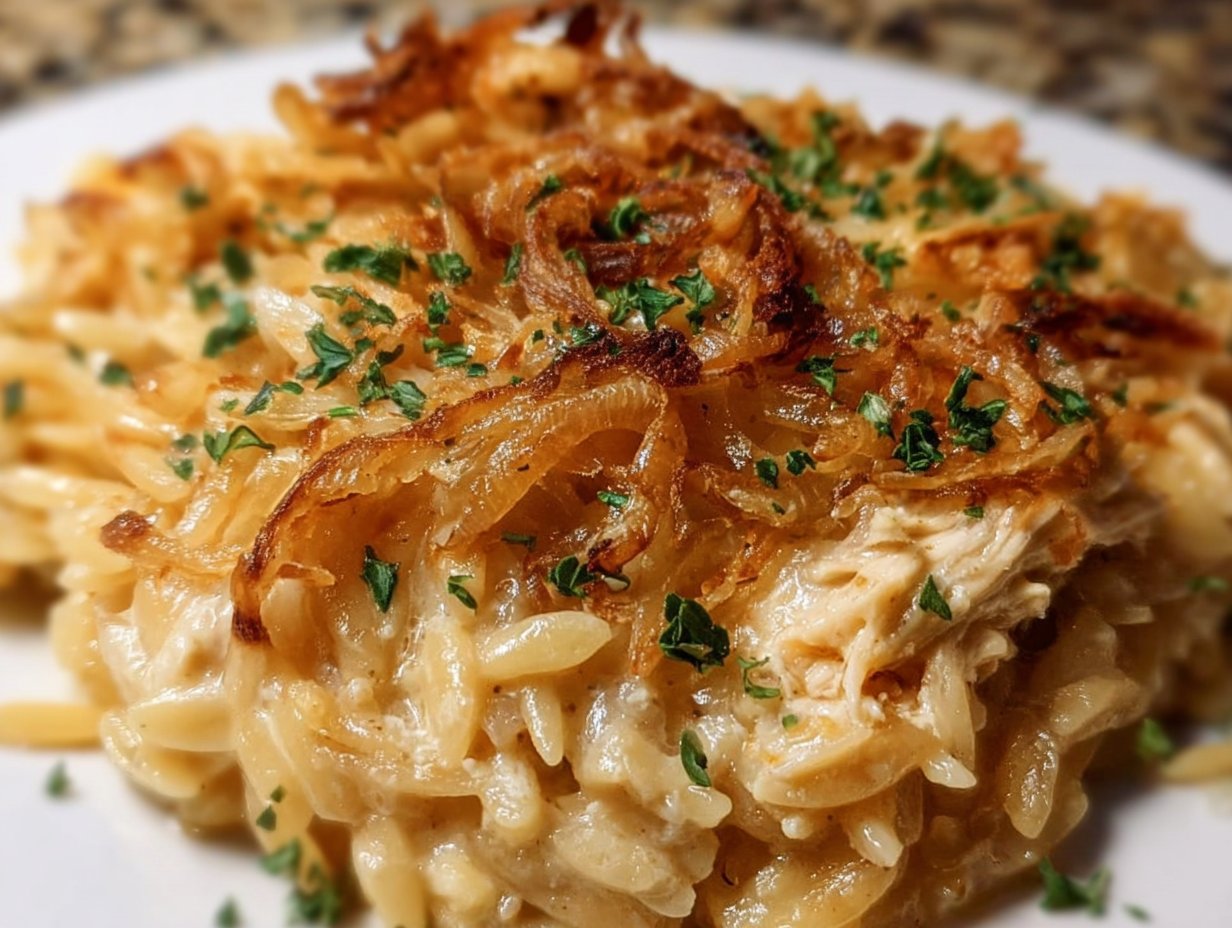 French Onion Chicken Orzo Casserole