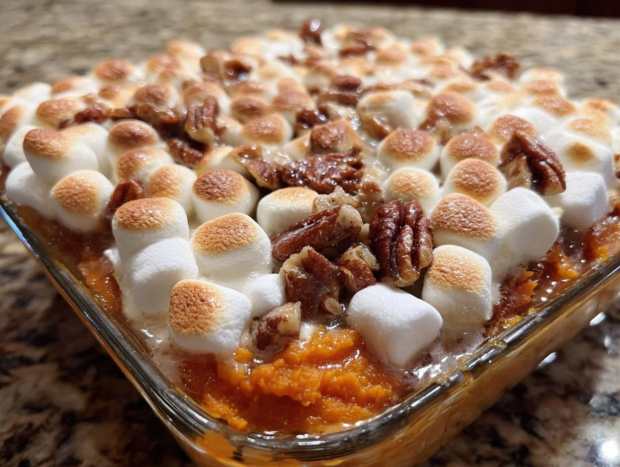 Sweet Potato Casserole with Marshmallows and Pecans
