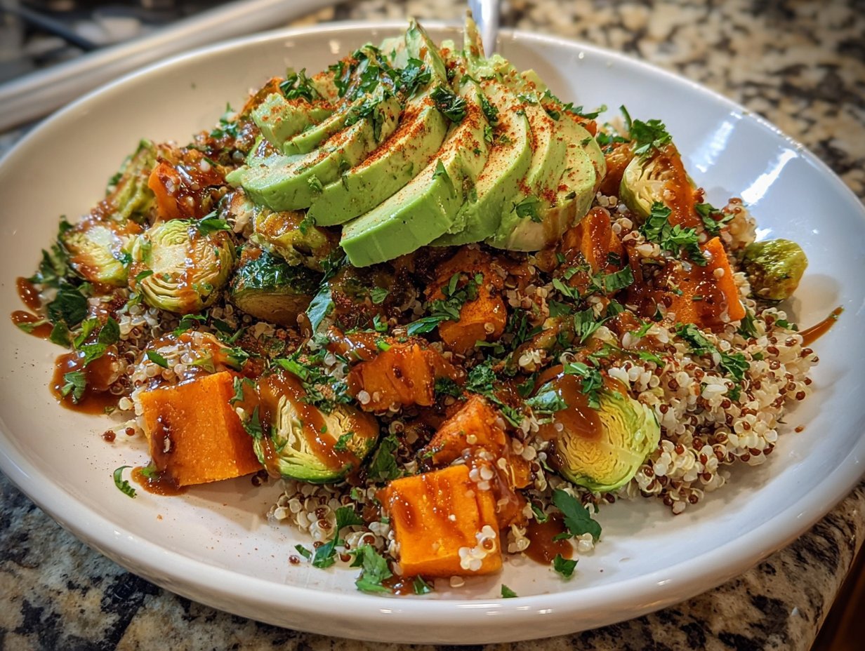 Sweet Potato Brussels Sprouts Quinoa Bowl