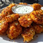 Air Fryer ranch-crusted chicken bites served on a plate with dipping sauce