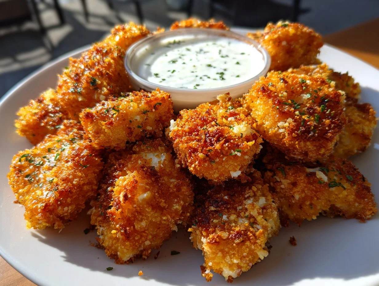 Air Fryer ranch-crusted chicken bites served on a plate with dipping sauce