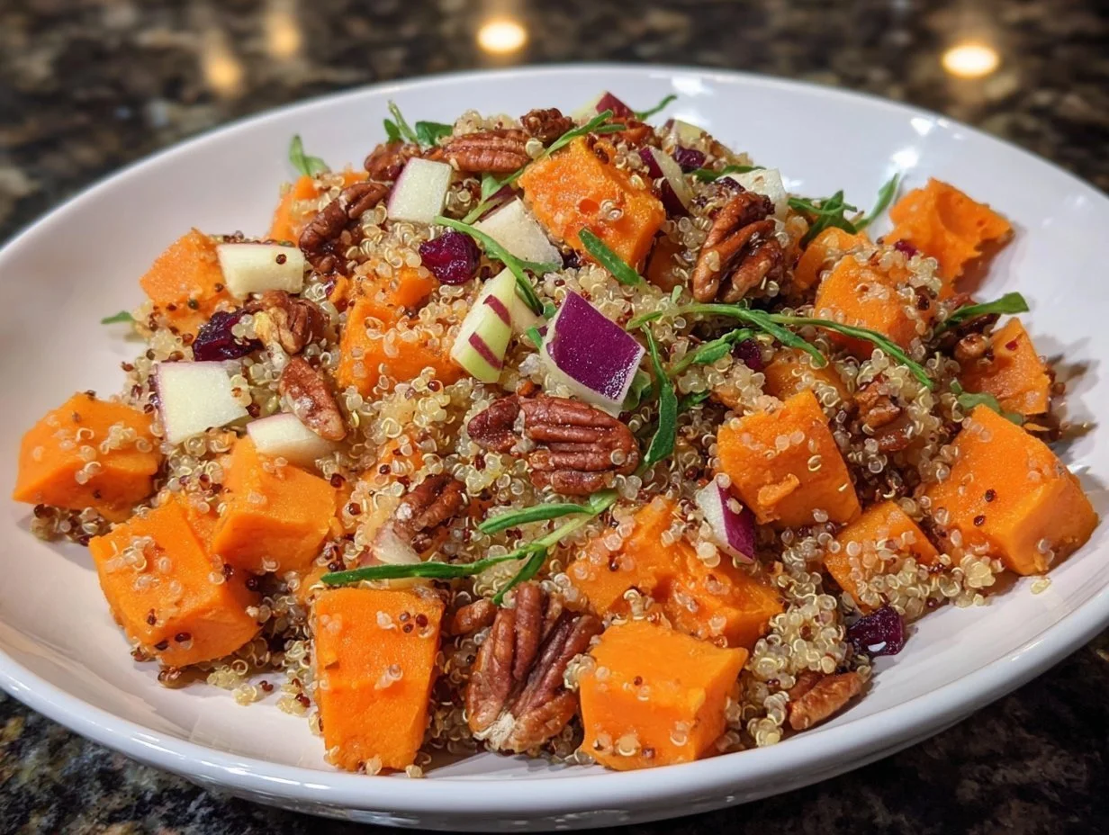 Delicious Apple Sweet Potato Quinoa Salad in a bowl, featuring vibrant apples and sweet potatoes