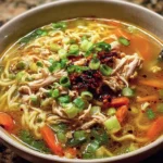 Bowl of aromatic Ginger Garlic Chicken Noodle Soup with fresh herbs and noodles
