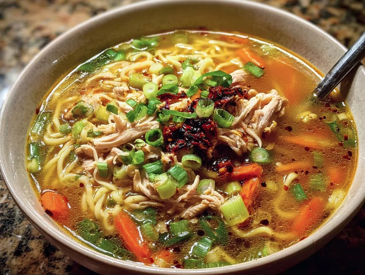 Bowl of aromatic Ginger Garlic Chicken Noodle Soup with fresh herbs and noodles