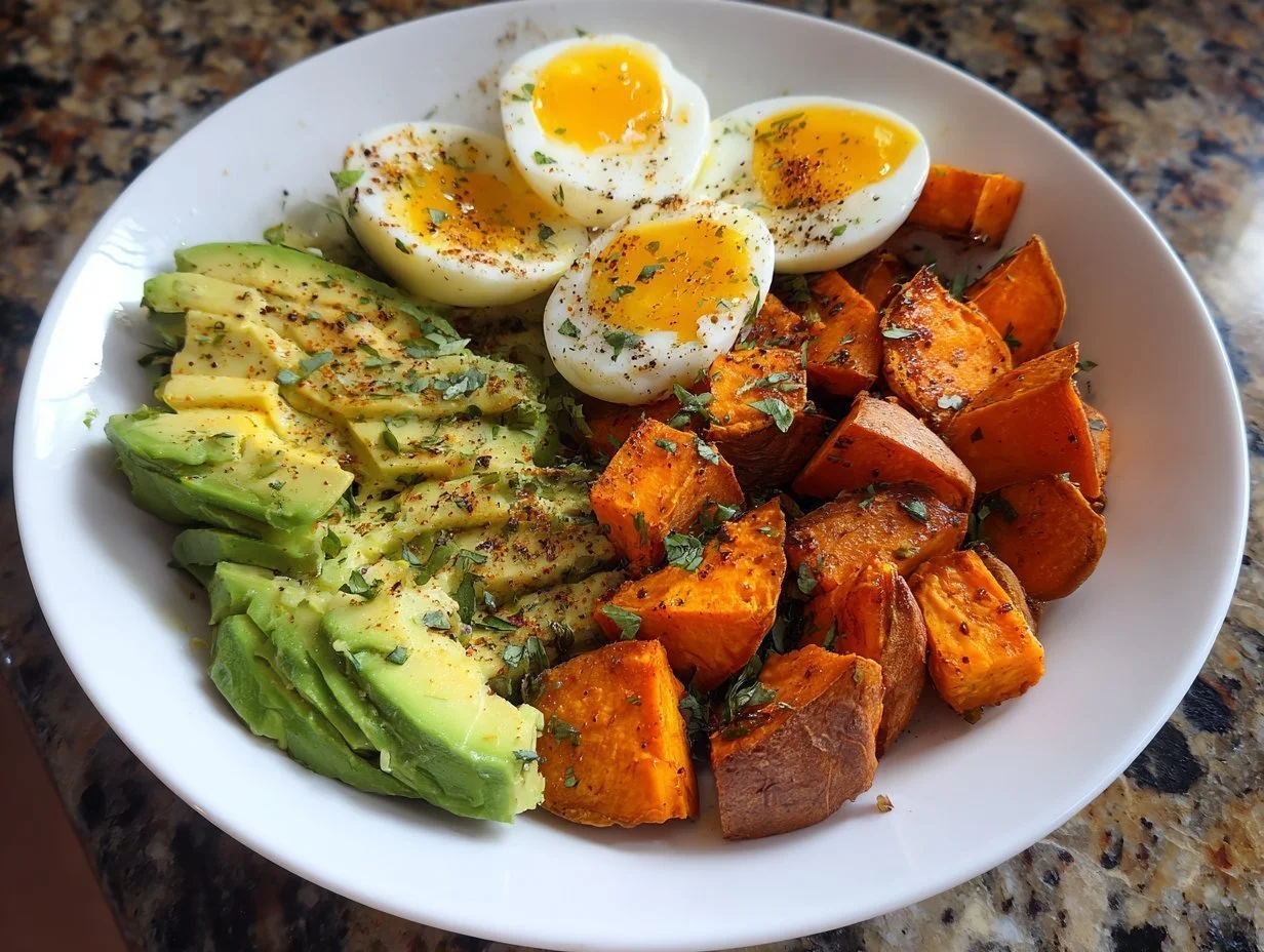 Avocado, egg, and roasted sweet potato bowl topped with fresh ingredients