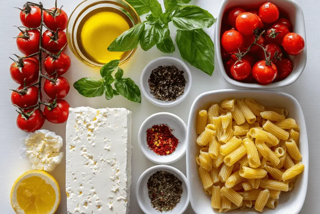 Baked Feta Pasta ingredients laid out neatly