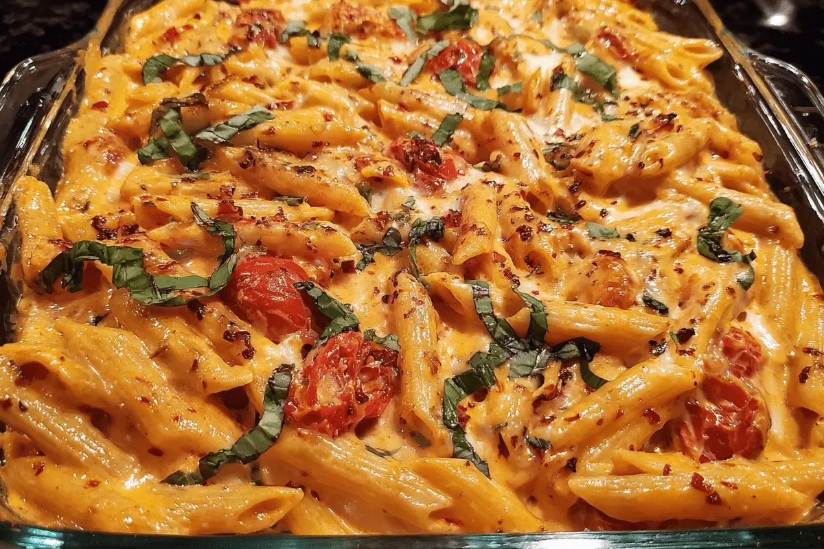 Baked Feta Pasta with cherry tomatoes and basil