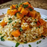 Delicious butternut squash risotto served in a bowl with herbs