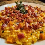 Butternut Squash Risotto with Pancetta garnished with herbs