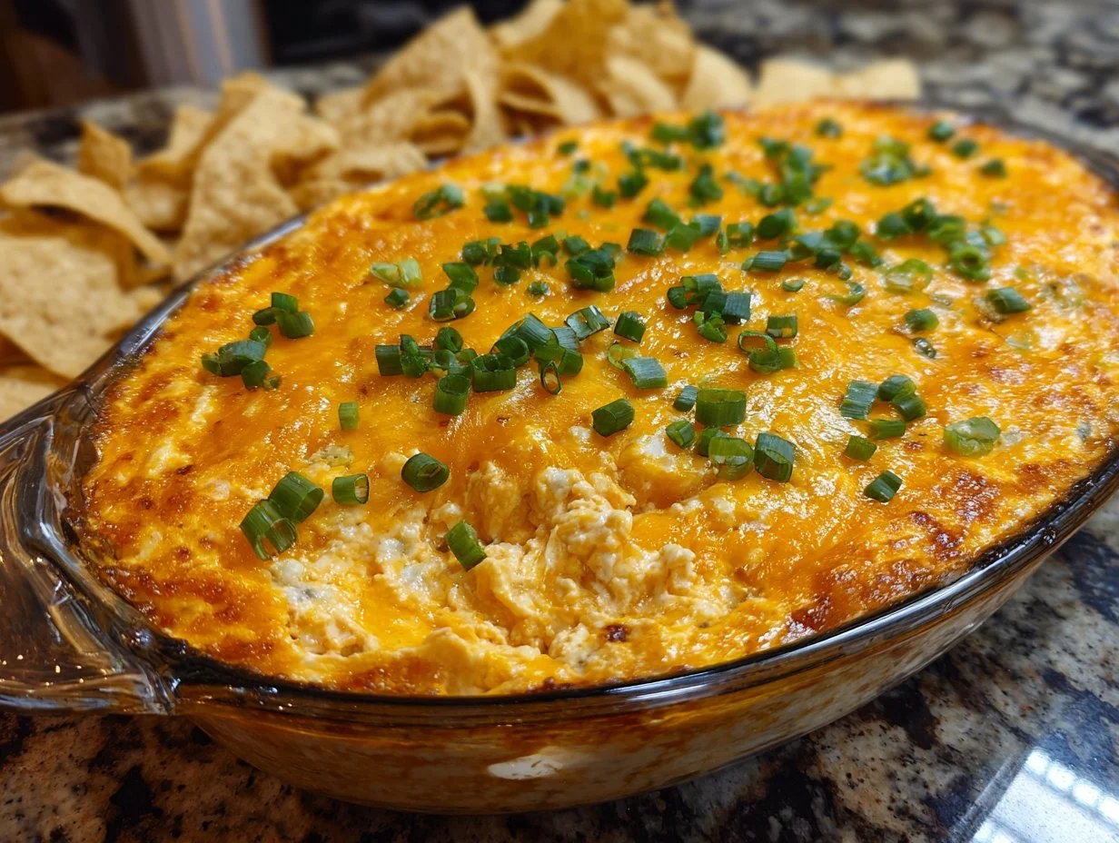 Cheesy creamy Buffalo Chicken Dip served in a bowl with tortillas