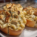 Delicious Chicken Alfredo served in garlic bread bowls