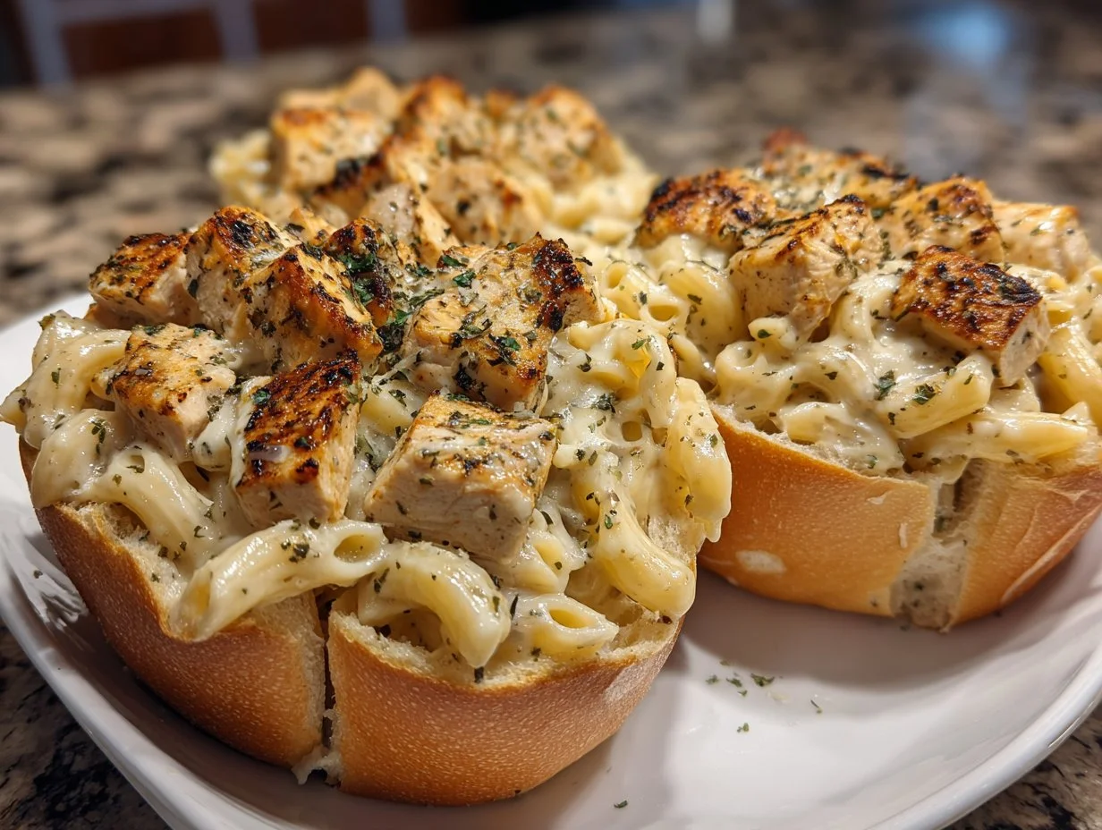 Delicious Chicken Alfredo served in garlic bread bowls
