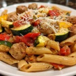Healthy Chicken Sausage Pasta Meal Prep Bowl with vegetables and sauce