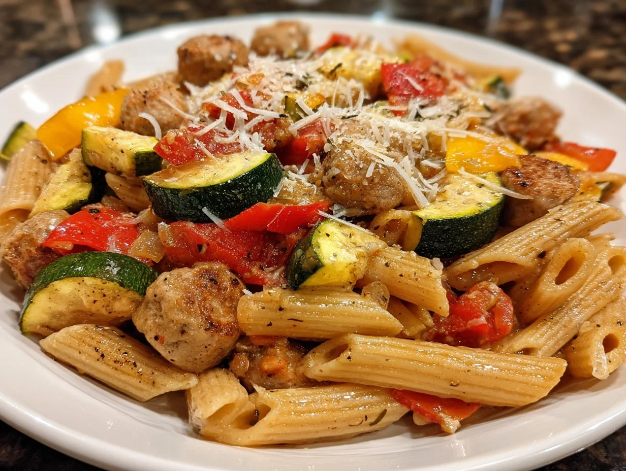 Healthy Chicken Sausage Pasta Meal Prep Bowl with vegetables and sauce