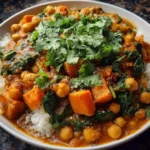 Chickpea curry with sweet potato and spinach served in a bowl.