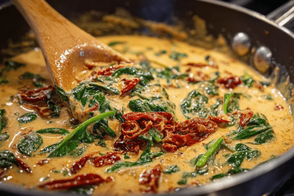 Spaghetti Spinach Sun Dried Tomato Cream Sauce cooking step