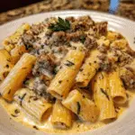 Creamy Beef Rigatoni in Garlic Cheddar Parmesan Cream Sauce pasta dish
