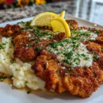 Delicious creamy chicken schnitzel served with a side of vegetables