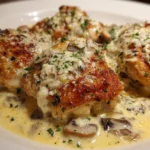 Creamy oven baked chicken thighs served on a plate with herbs and vegetables