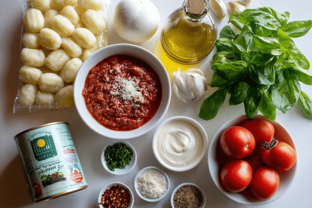 Creamy Tomato Gnocchi Burrata ingredients laid out