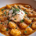 Creamy Tomato Gnocchi with Burrata and basil garnish