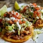 Crispy rotisserie chicken tostadas topped with fresh vegetables and sauces.