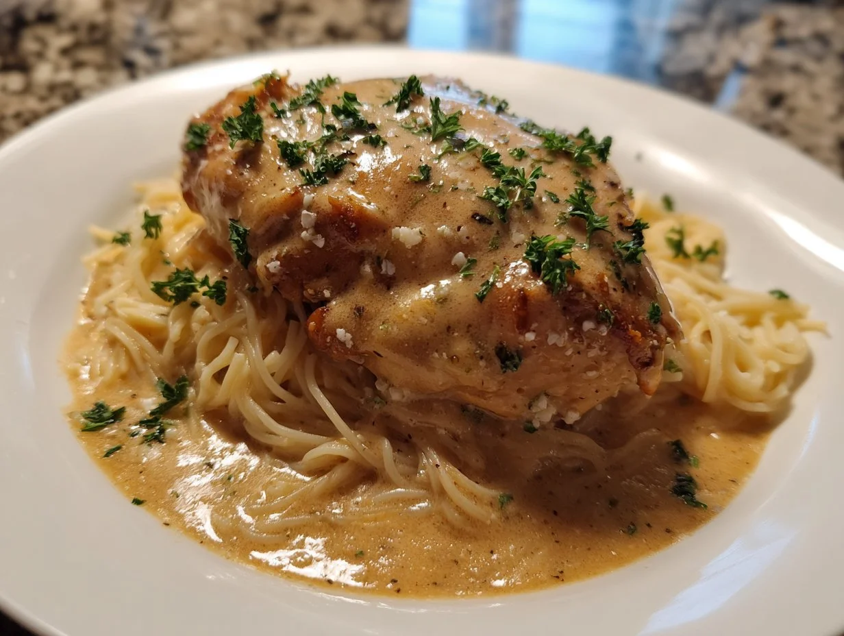 Crock Pot Angel Chicken dish garnished with herbs, ready to serve.