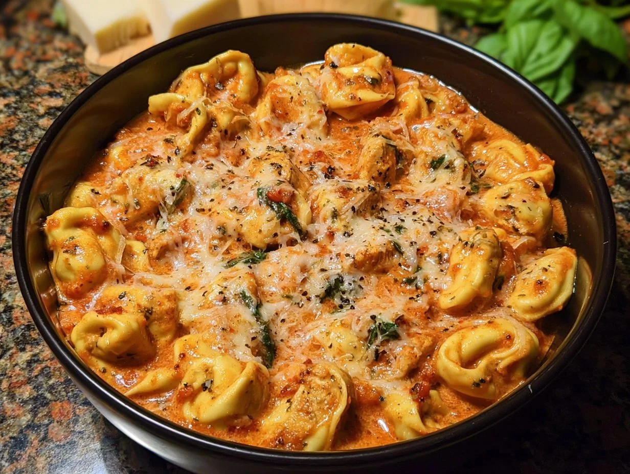 CrockPot Chicken Tortellini dish served in a bowl with fresh herbs