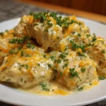Plate of easy cream cheese chicken with herbs and spices